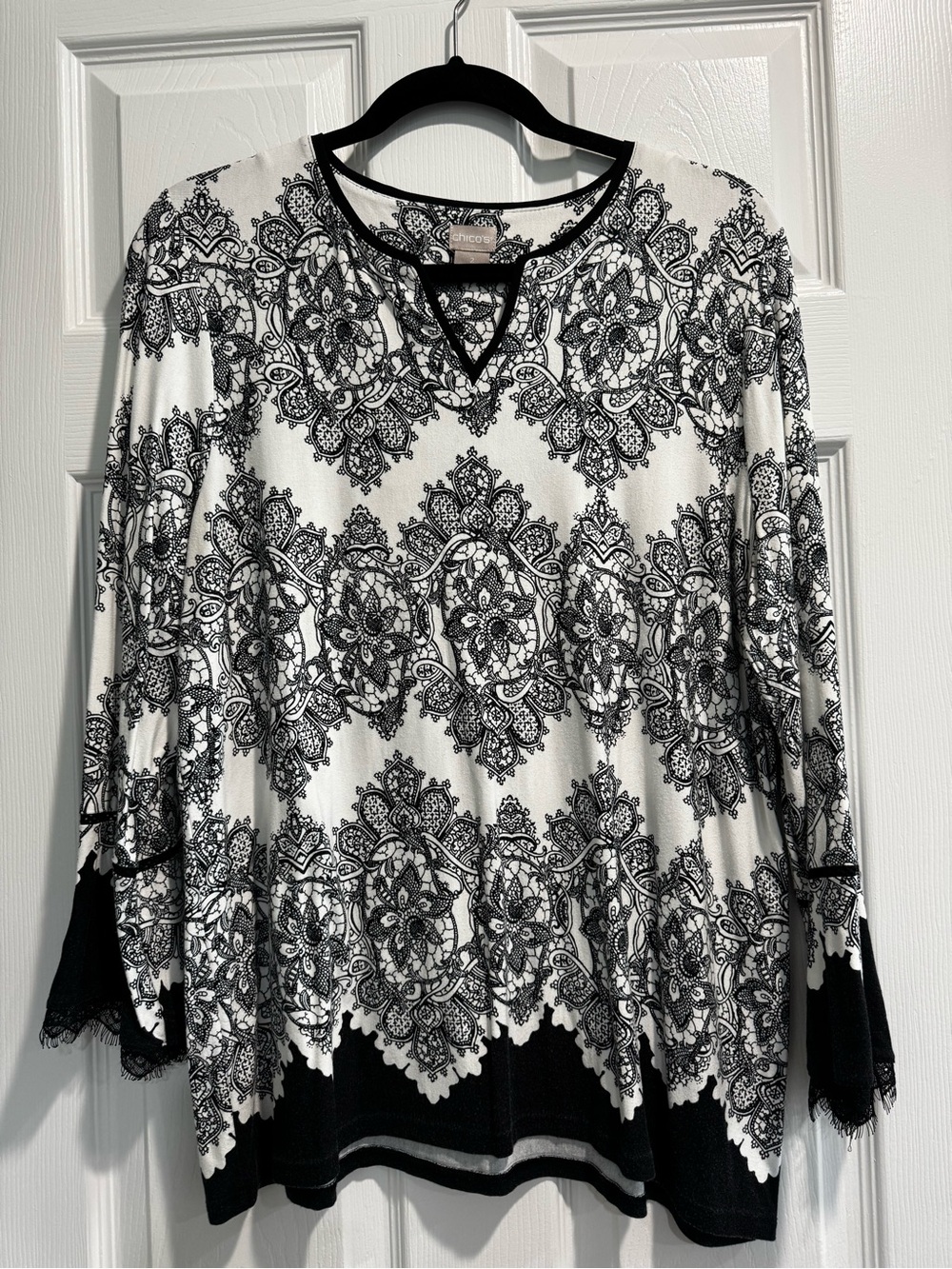 Chico's Black and White Lace-Trim Printed Long-Sleeve Top